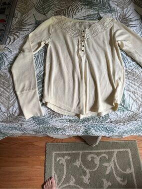 Lucky Brand Cream Lace-Trim Henley Long Sleeve Top